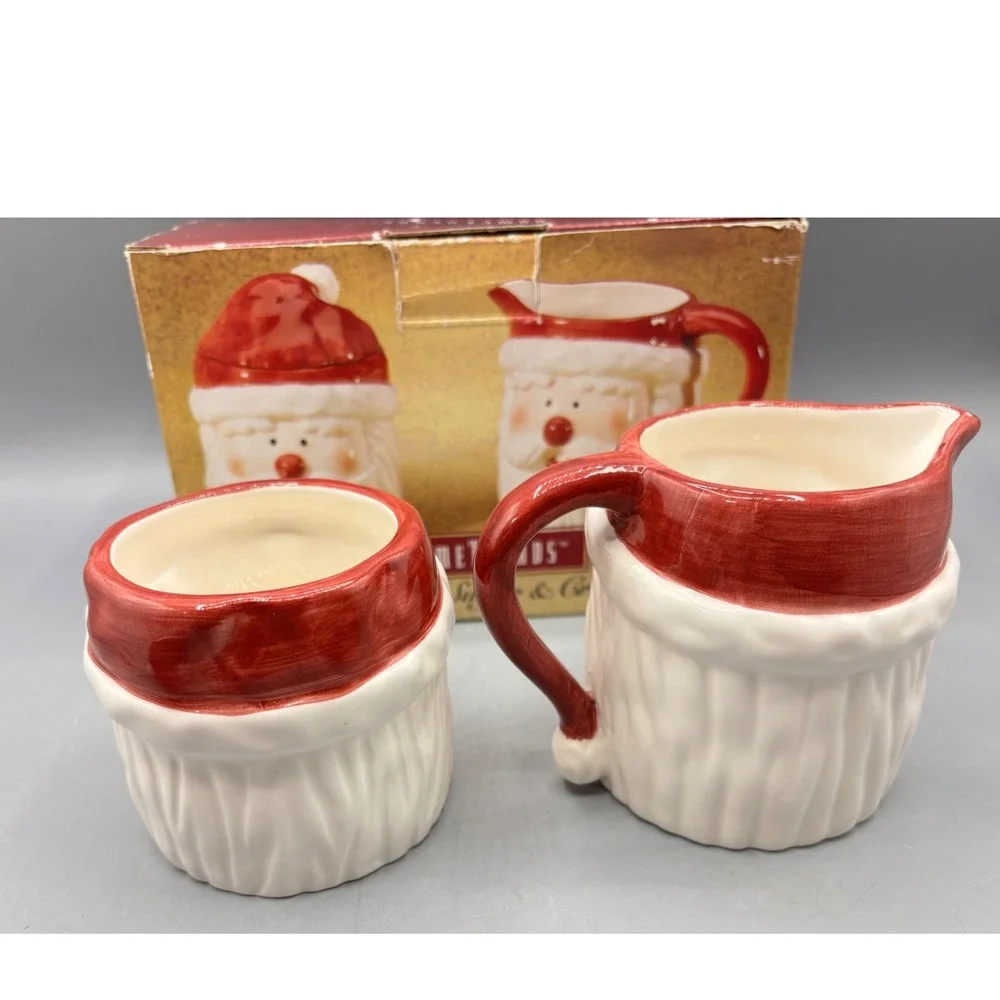 HomeTrends Ceramic Santa Sugar and Creamer Set Red White Holiday Tableware Boxed